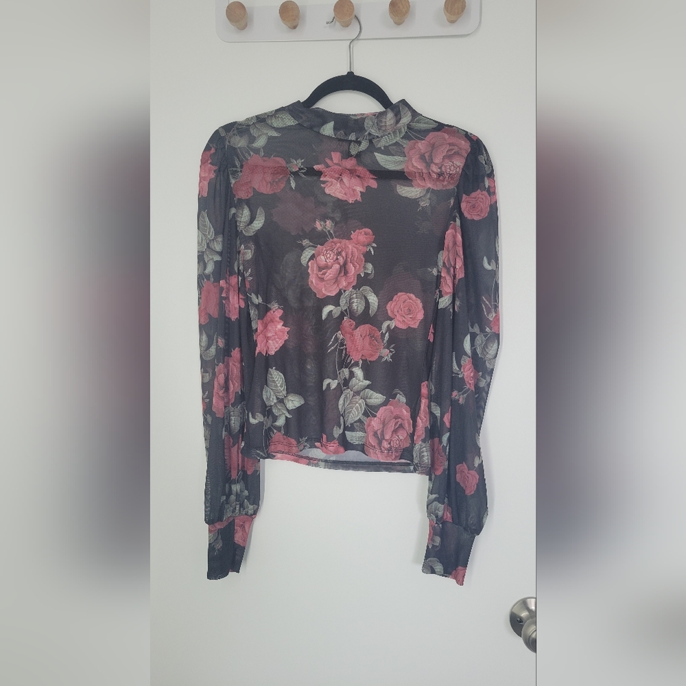 Red rose floral net blouse